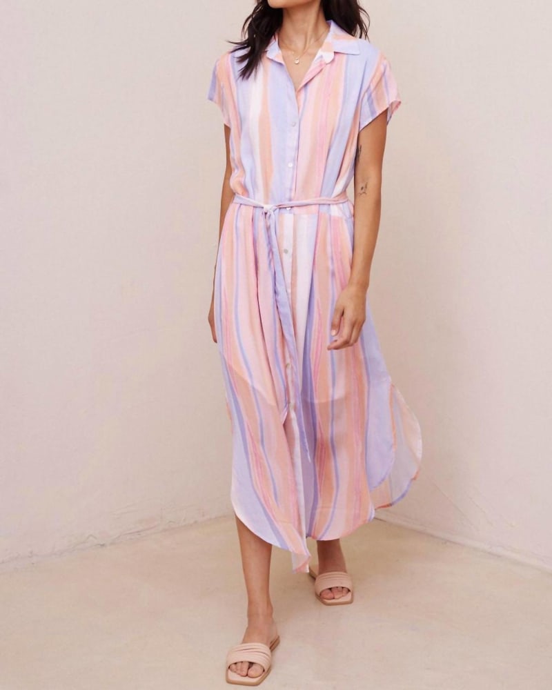 Front of a model wearing a size L Capsleeve Tie Waist Shirt Dress in Paloma Stripes Print in Paloma Stripes Print by Bella Dahl. | dia_product_style_image_id:338178